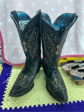 Black leather western Cowboy boots pointed toe woman size 9.5M